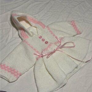 Vintage White and Pink Knit Baby Sweater with Delicate Trim